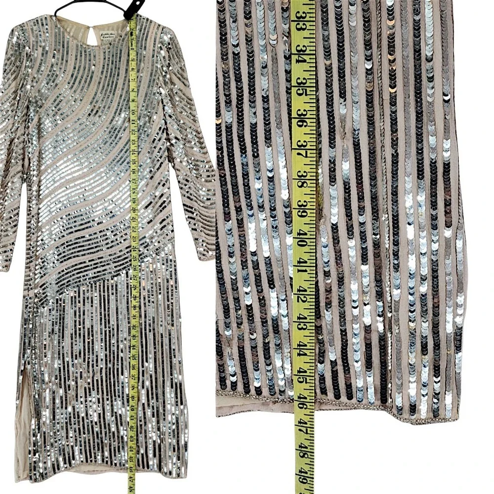 Judith Ann Creations Dress XS Women Silver Sequin Silk Long Sleeve Midi Vtg READ